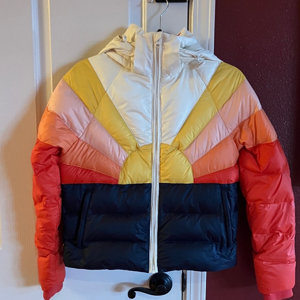 Marine Layer Archive Colorful Puffer Jacket with Sunburst Design